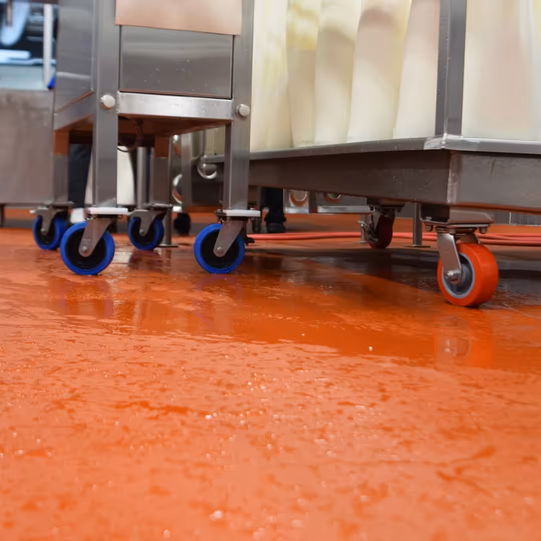 a close up of food industry flooring covering in water